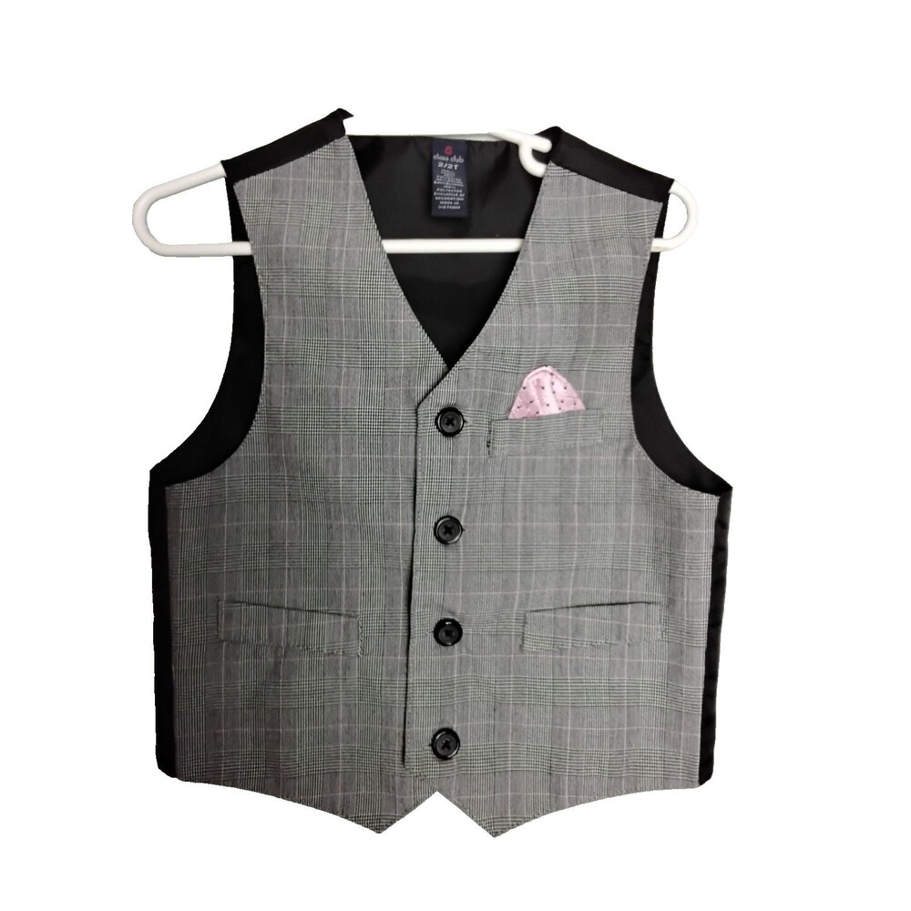 Class Club Vest Gray and Black  Toddler Size 2T With Pink Pocket Square